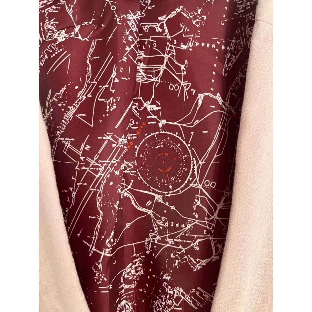 Nautica Linen Blend Blazer Sport Coat Men 44R Pink‎ Map Print Lining Hamptons